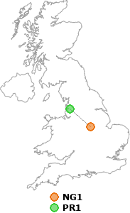 map showing distance between NG1 and PR1