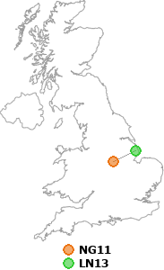 map showing distance between NG11 and LN13