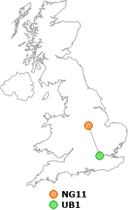 map showing distance between NG11 and UB1