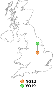 map showing distance between NG12 and YO19