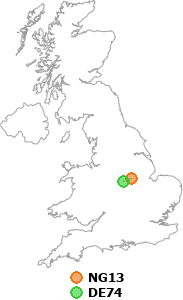 map showing distance between NG13 and DE74