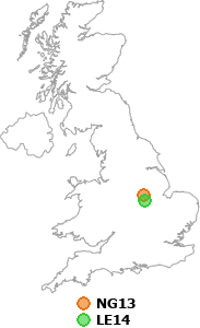 map showing distance between NG13 and LE14