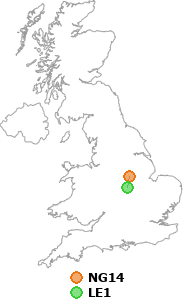 map showing distance between NG14 and LE1