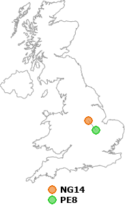 map showing distance between NG14 and PE8