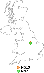 map showing distance between NG15 and NG7
