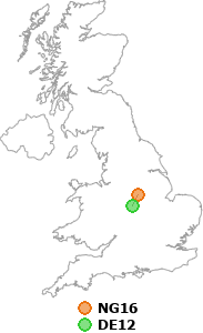 map showing distance between NG16 and DE12