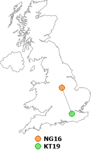 map showing distance between NG16 and KT19