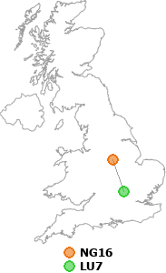 map showing distance between NG16 and LU7