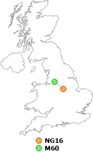 map showing distance between NG16 and M60