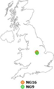 map showing distance between NG16 and NG9