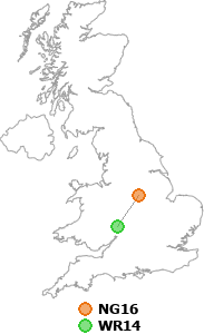 map showing distance between NG16 and WR14