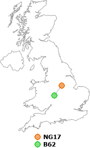 map showing distance between NG17 and B62