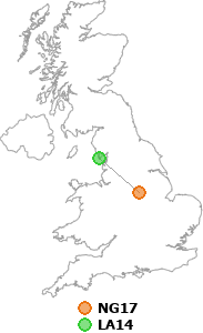 map showing distance between NG17 and LA14