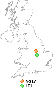 map showing distance between NG17 and LE1