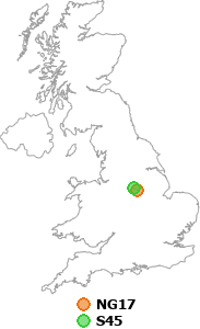 map showing distance between NG17 and S45