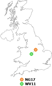 map showing distance between NG17 and WV11
