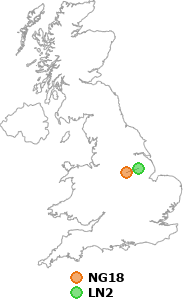 map showing distance between NG18 and LN2