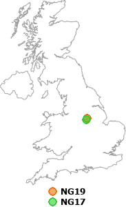 map showing distance between NG19 and NG17
