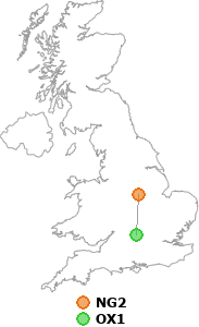 map showing distance between NG2 and OX1