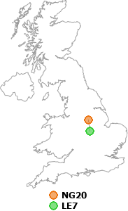map showing distance between NG20 and LE7