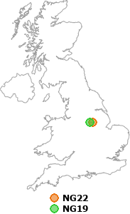 map showing distance between NG22 and NG19