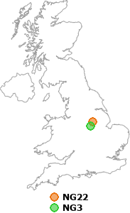 map showing distance between NG22 and NG3