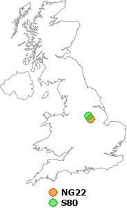 map showing distance between NG22 and S80