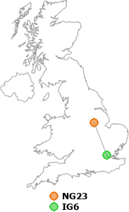 map showing distance between NG23 and IG6