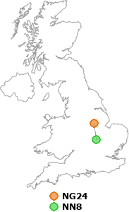 map showing distance between NG24 and NN8