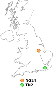 map showing distance between NG24 and TN2