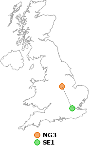 map showing distance between NG3 and SE1