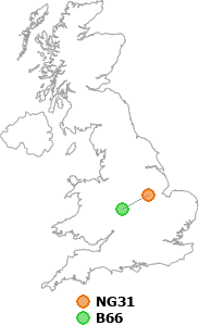 map showing distance between NG31 and B66