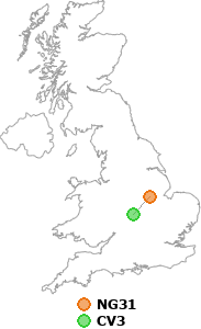 map showing distance between NG31 and CV3