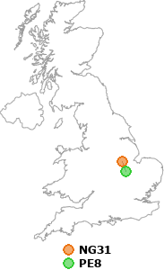 map showing distance between NG31 and PE8