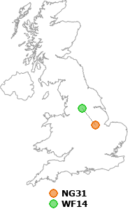 map showing distance between NG31 and WF14