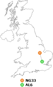 map showing distance between NG33 and AL6