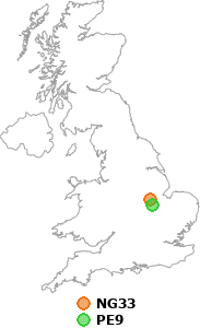 map showing distance between NG33 and PE9