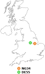 map showing distance between NG34 and DE55