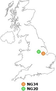 map showing distance between NG34 and NG20
