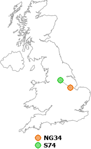 map showing distance between NG34 and S74