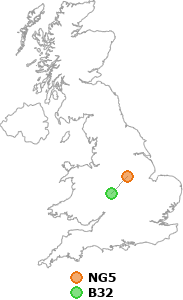 map showing distance between NG5 and B32