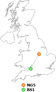 map showing distance between NG5 and BS1