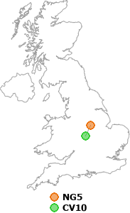 map showing distance between NG5 and CV10