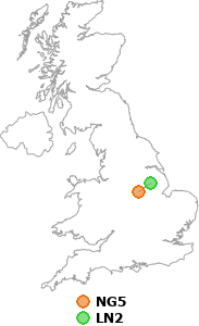map showing distance between NG5 and LN2