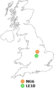 map showing distance between NG6 and LE10