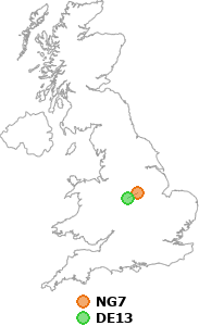 map showing distance between NG7 and DE13