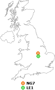 map showing distance between NG7 and LE1