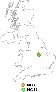 map showing distance between NG7 and NG11