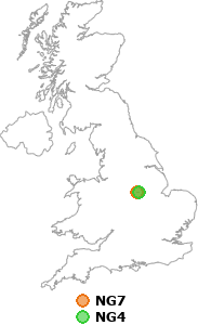 map showing distance between NG7 and NG4
