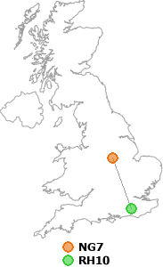 map showing distance between NG7 and RH10